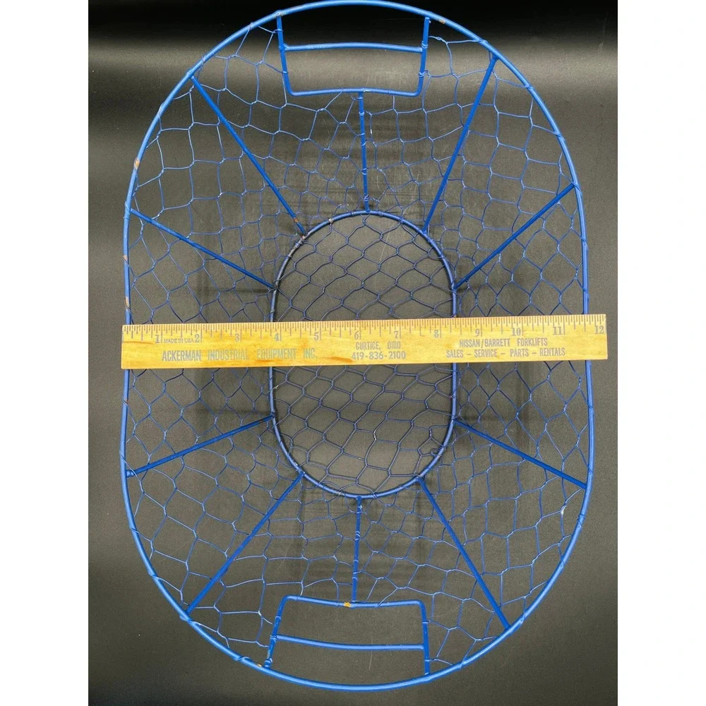 Blue Metal Chicken Wire Basket Scalloped Oval Storage Fruit Bowl Handles 16x12